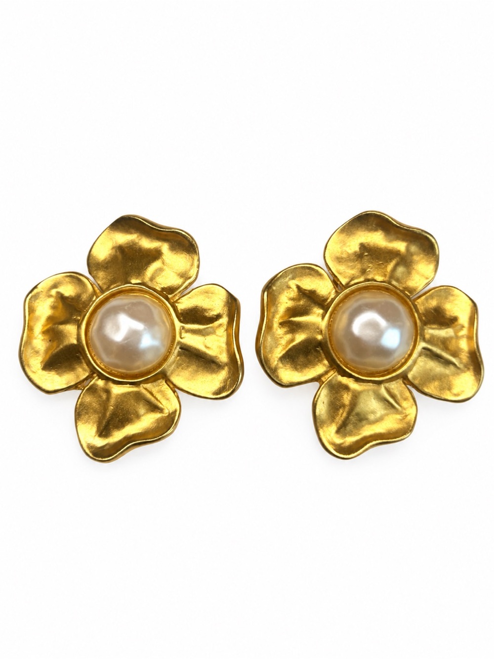 Vintage Givenchy Gold Tone Faux Pearl Flower Clip-On Earrings (1980–1985)